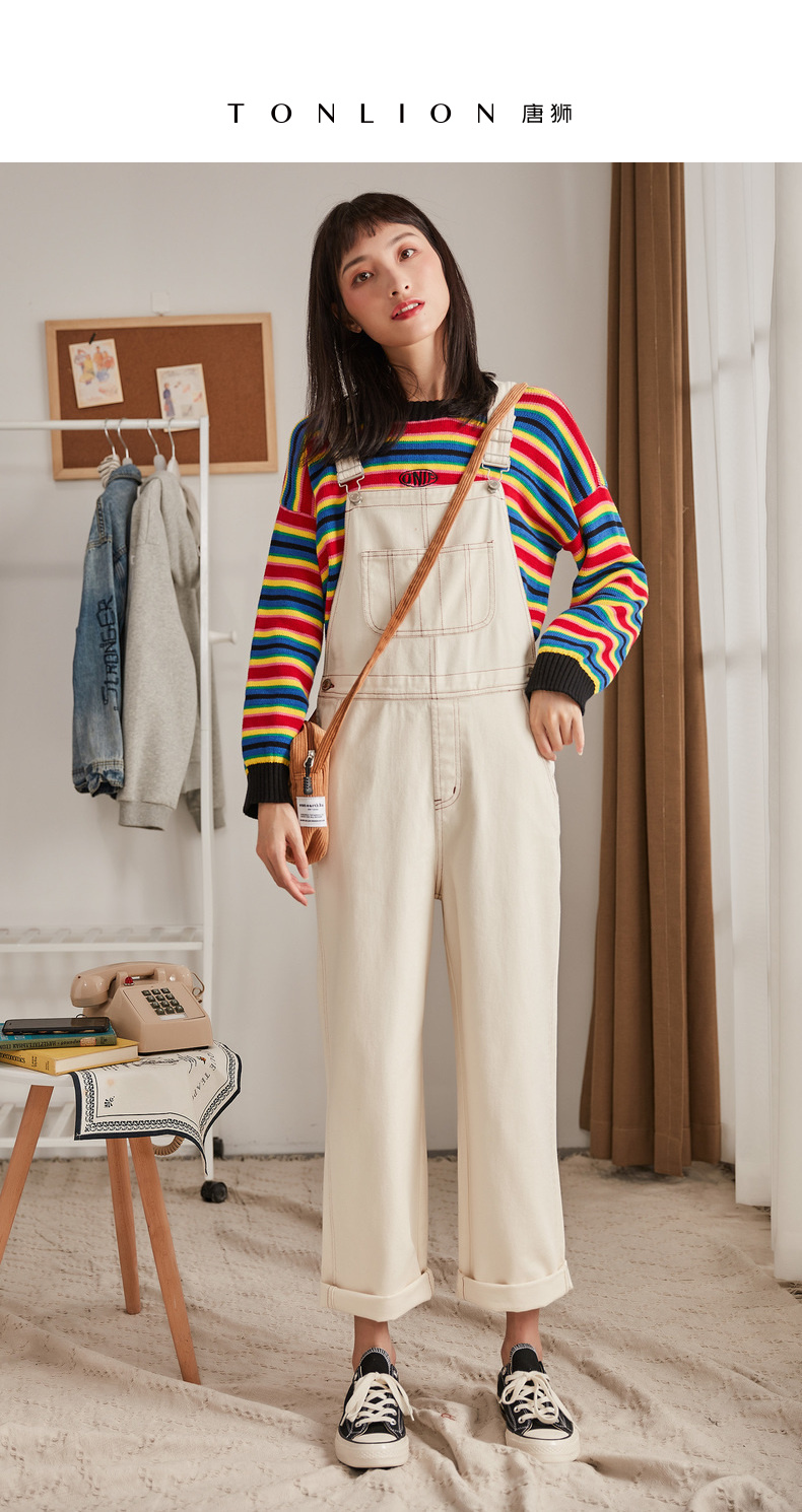 3元】唐狮秋新款白色背带裤女宽松休闲裤女韩版显瘦背带连体裤子