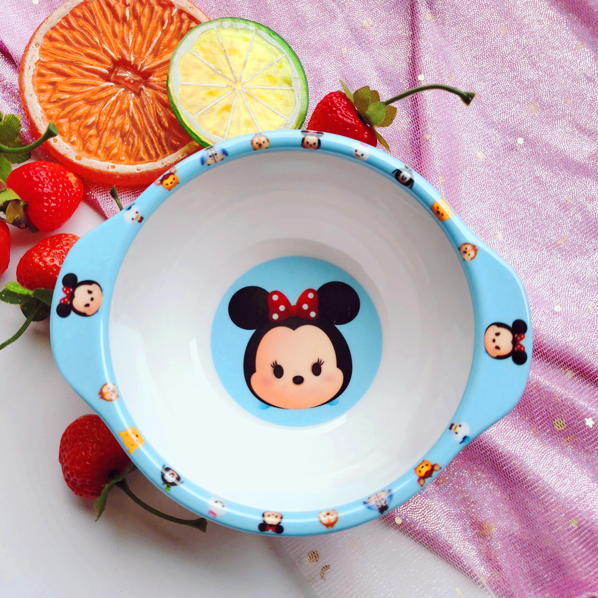 宝宝双耳碗可爱卡通密胺瓷婴幼儿园吃饭儿童吸盘小碗防摔烫餐具迪士尼