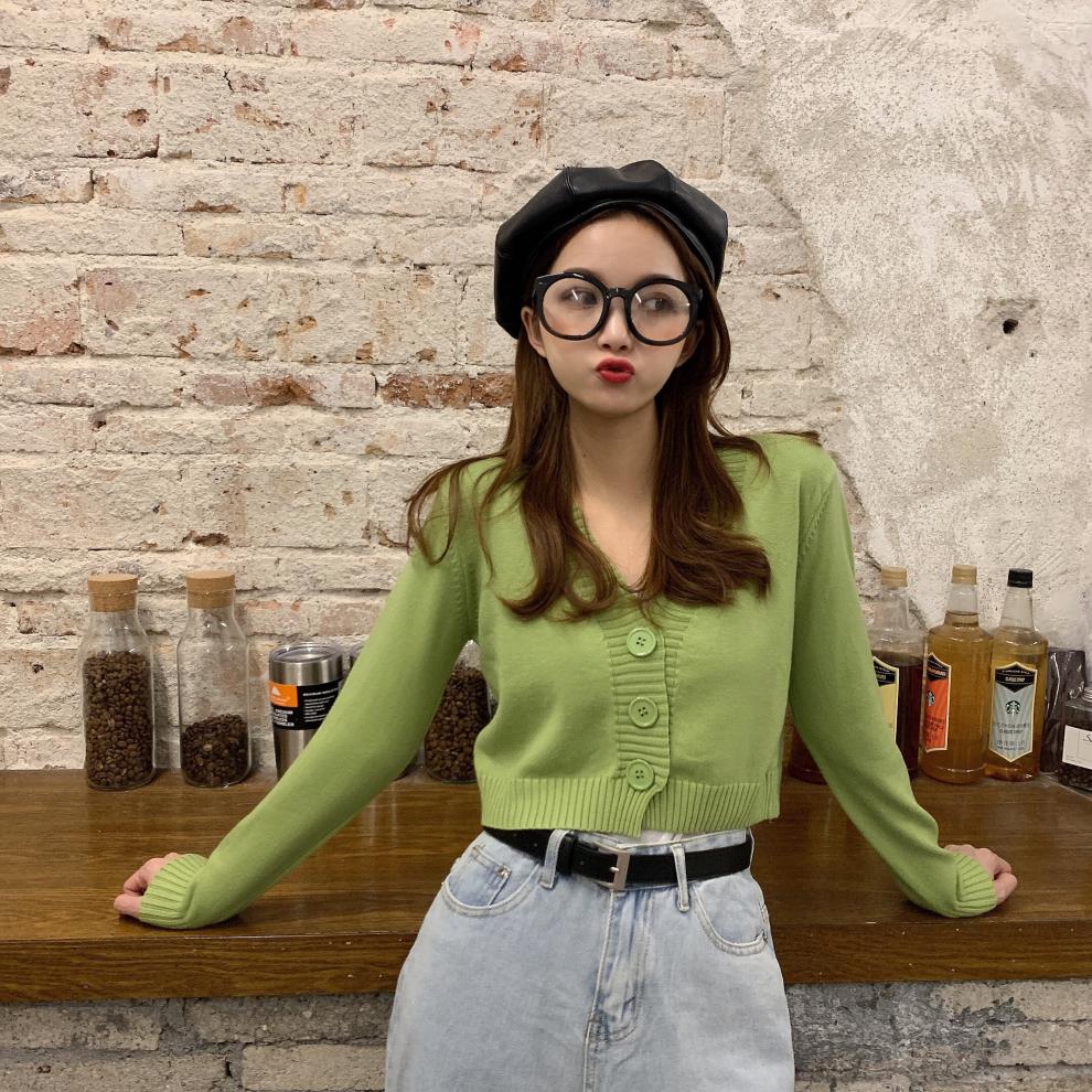 开胸针织衫女款v领毛衣女韩版上衣秋冬装新款白色上衣百搭长袖短款