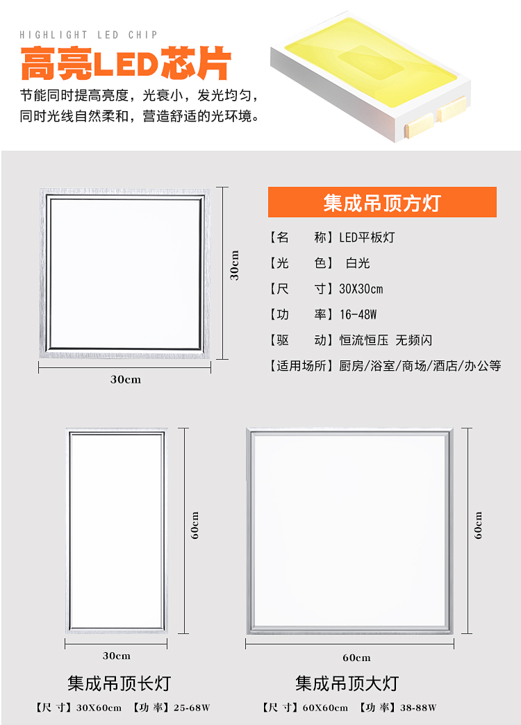 苏宁放心购集成吊顶led灯厨房卫生间灯铝扣板嵌入式30x30x60x300x600