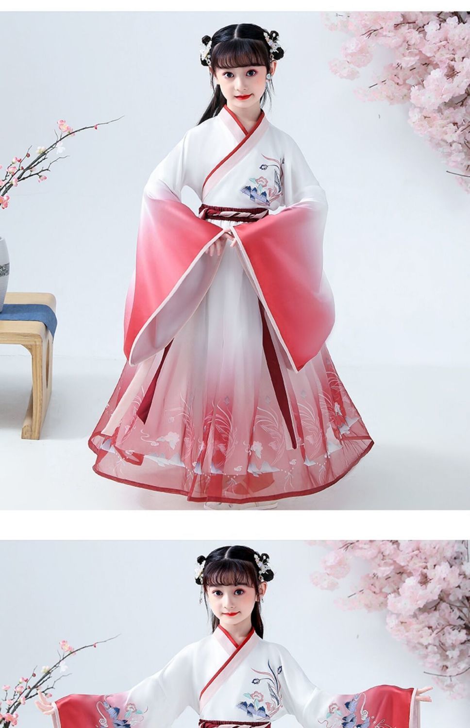 汉服女童儿童古装超仙襦裙连衣裙秋冬12岁女孩樱花公主中国风长袖粉红