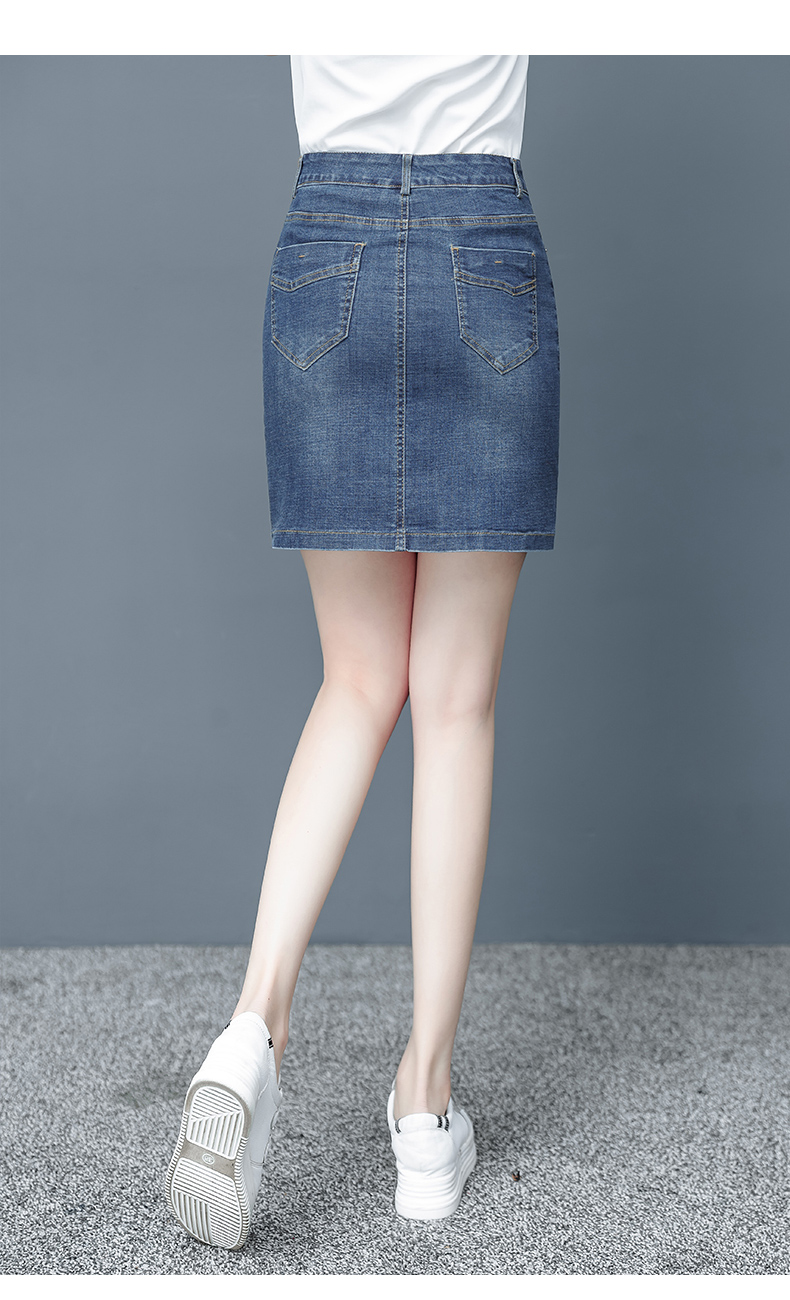 牛仔短裙女春秋2020新款短款包臀裙高腰a字裙早春裙子显瘦半身裙 蓝色