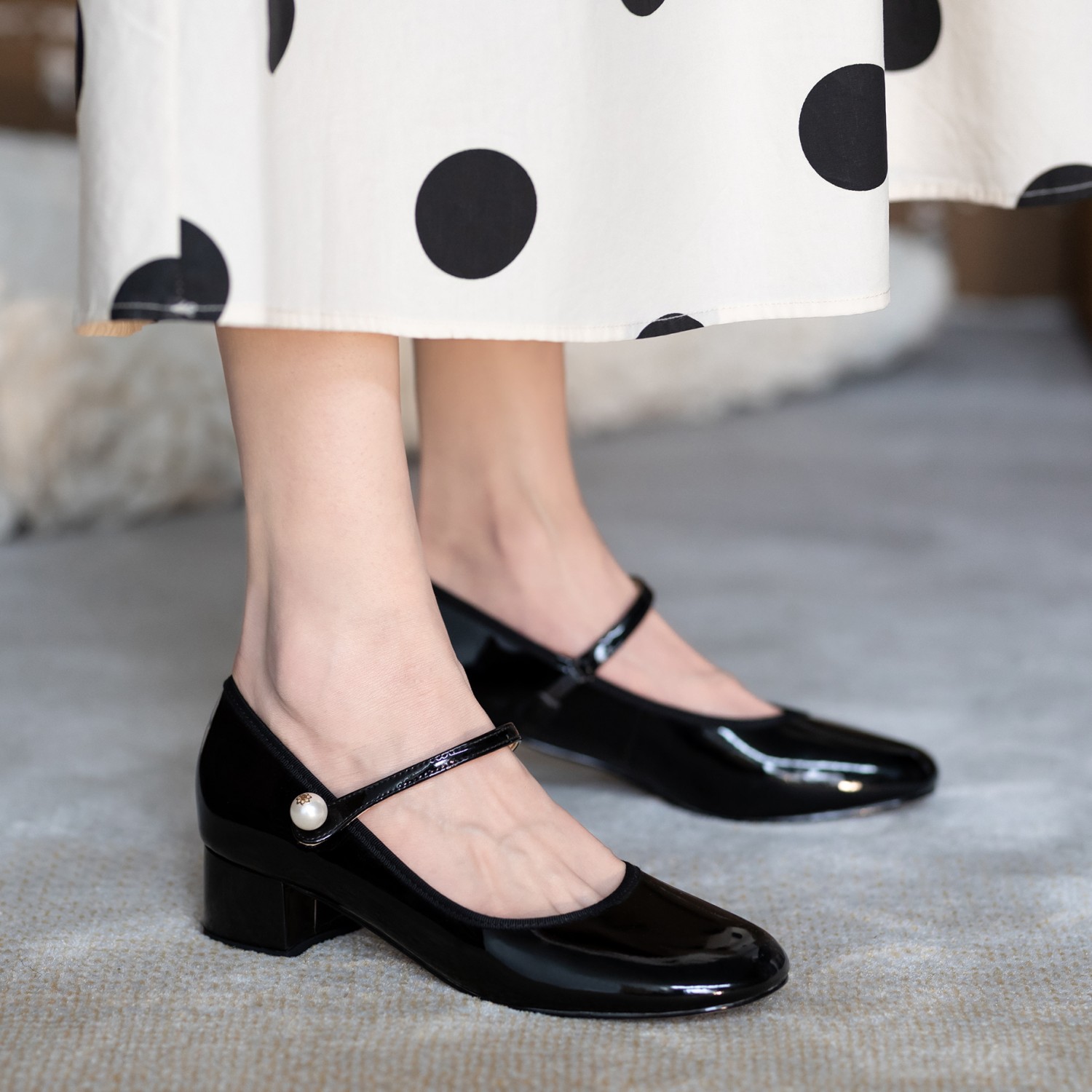 ideamini复古赫本玛丽珍鞋女粗跟漆皮圆头浅口一字扣单鞋中跟小皮鞋黑