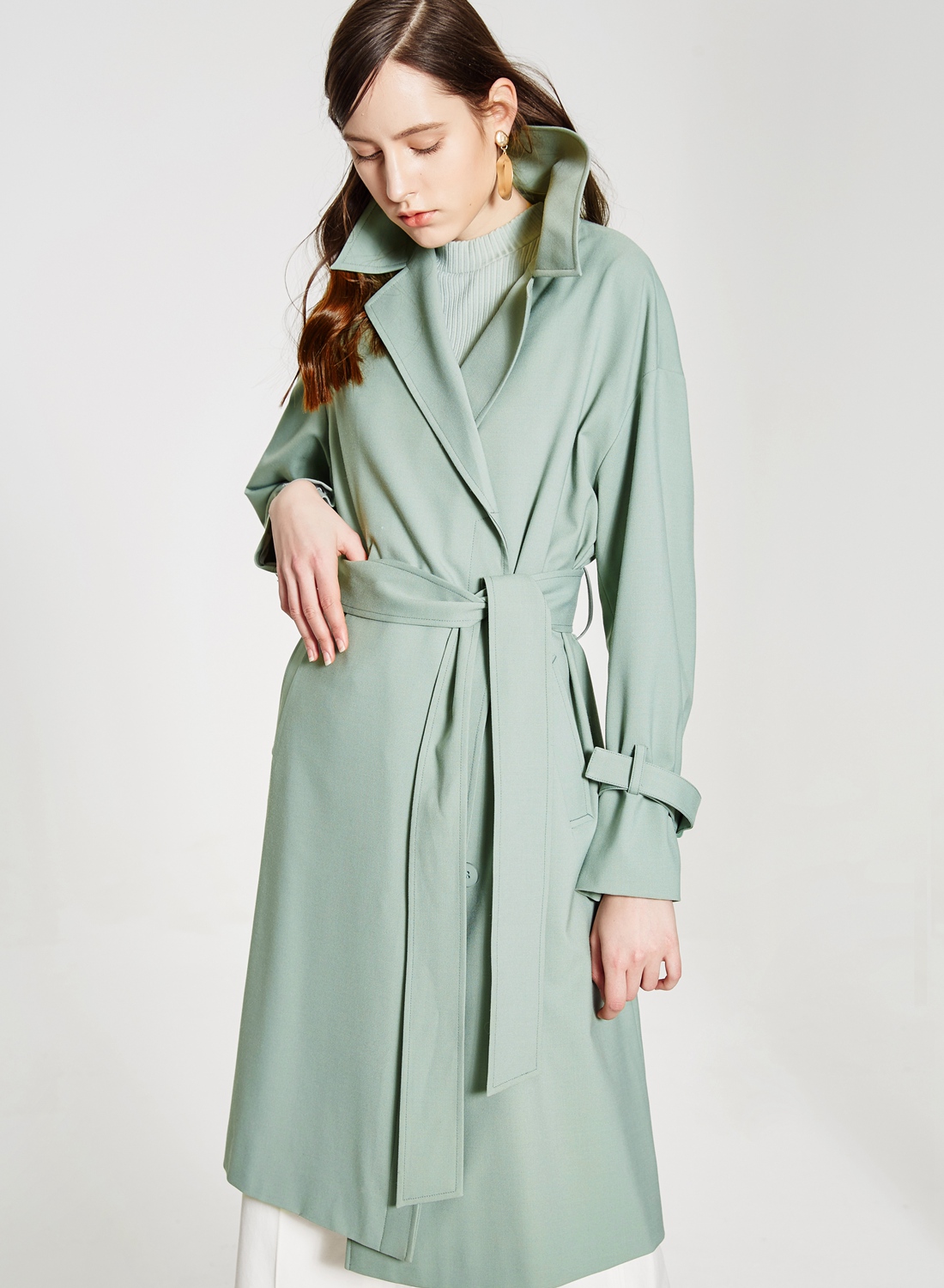 8,再叠200减50]羊毛混纺mecity女装新款袖口装饰系带小个子中长款风衣