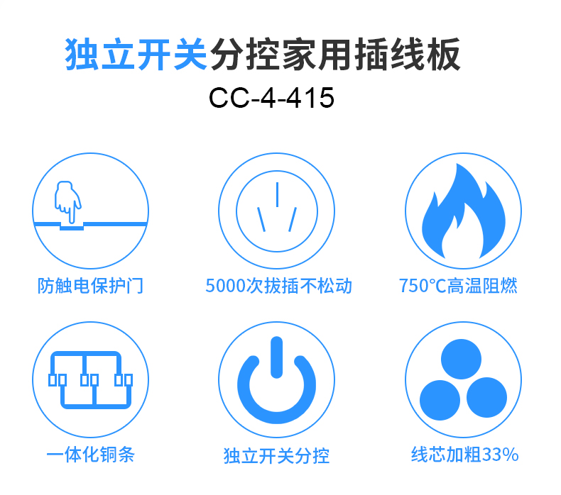 独立开关4插位全长1米新国标独立开关分控插排插座接拖插线板35米带长