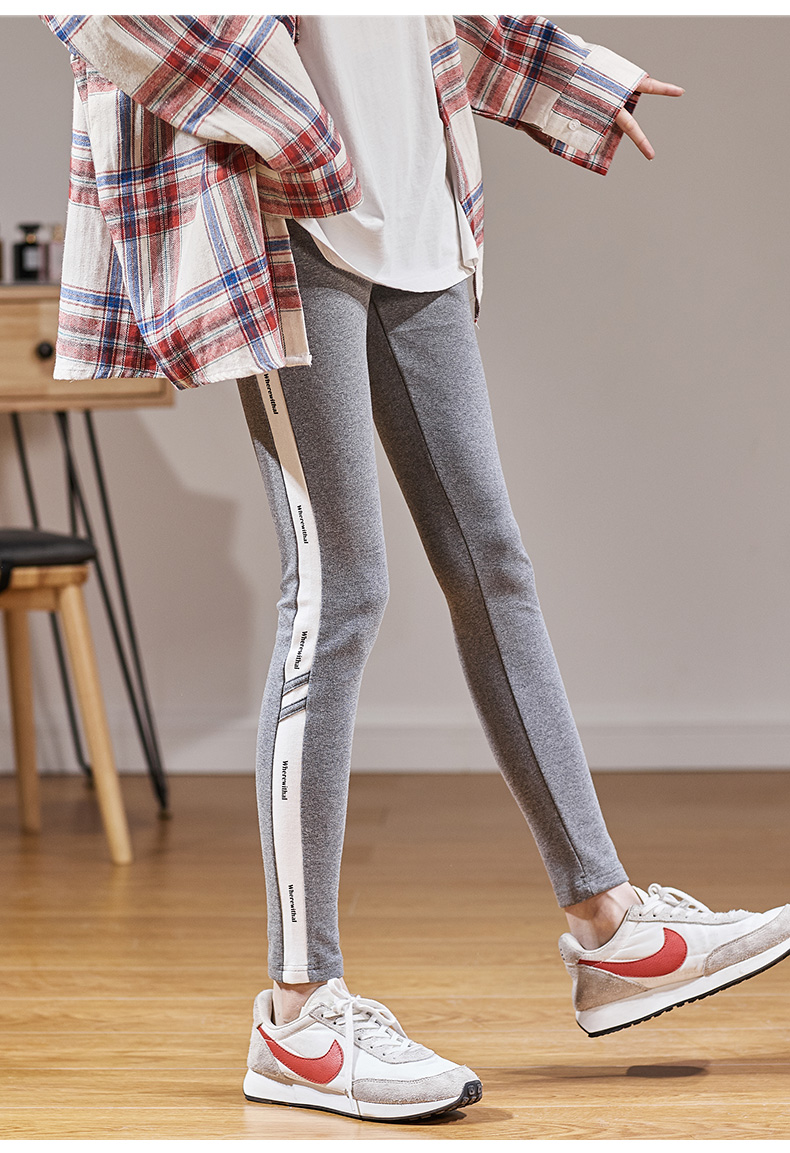 8元]唐狮春季新款女士打底裤子显瘦紧身外穿裤子黑色侧边条九分裤