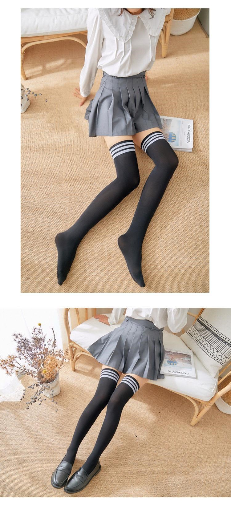 夏季长筒袜学生条纹过膝袜半截白色大腿袜薄丝袜袜女 费琳