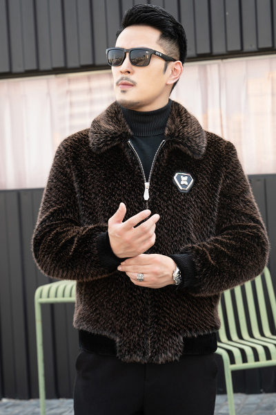 免费试穿 高端金貂绒毛呢夹克春秋装新款男时尚翻领加厚保暖皮草外套潮真皮皮毛一体金貂绒男士水貂翻领大衣加厚休闲夹克外套潮