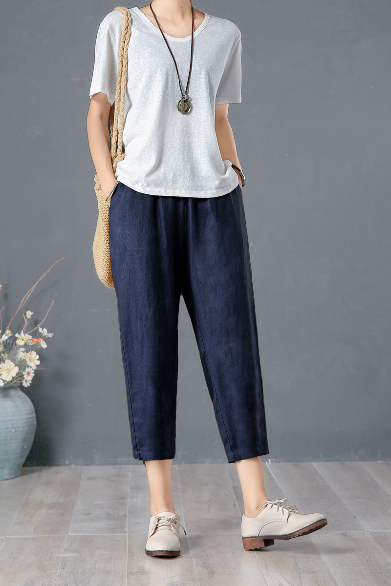 春夏季亚麻哈伦裤九分萝卜裤女夏宽松麻料休闲女裤薄款大码高腰