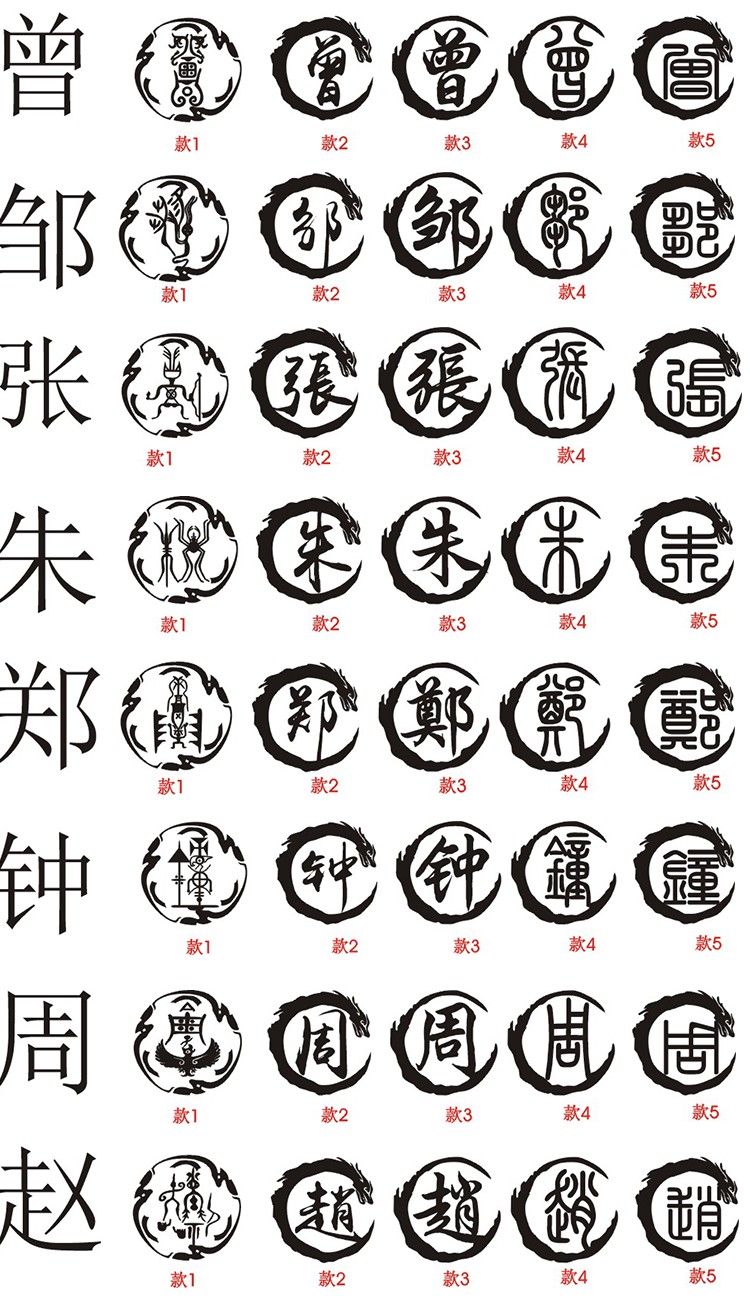 姓氏图腾赵李周郑王刘陈龙宋杨徐杜百家姓汽车贴纸毛笔字体古篆体jing