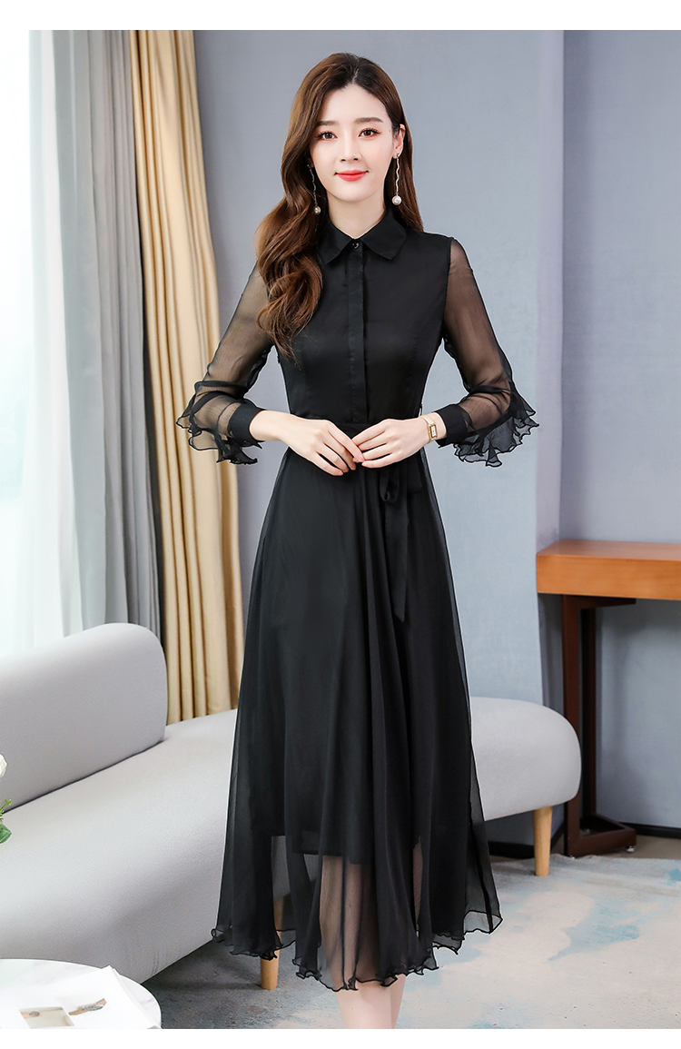 公牛乐途轻熟风裙子2020春季新款韩版洋气收腰显瘦长袖雪纺连衣裙高端