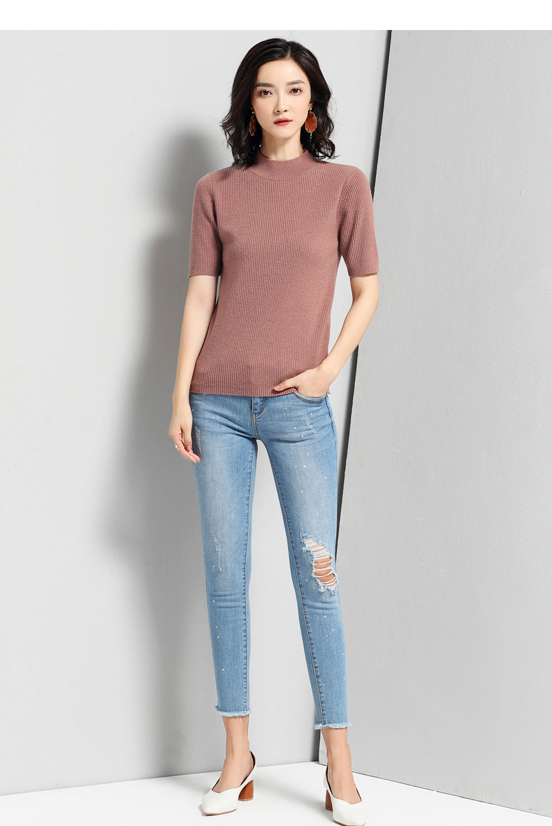 恒源祥短袖羊毛衫女春装2020新款修身纯羊毛套头半高领针织衫毛衣