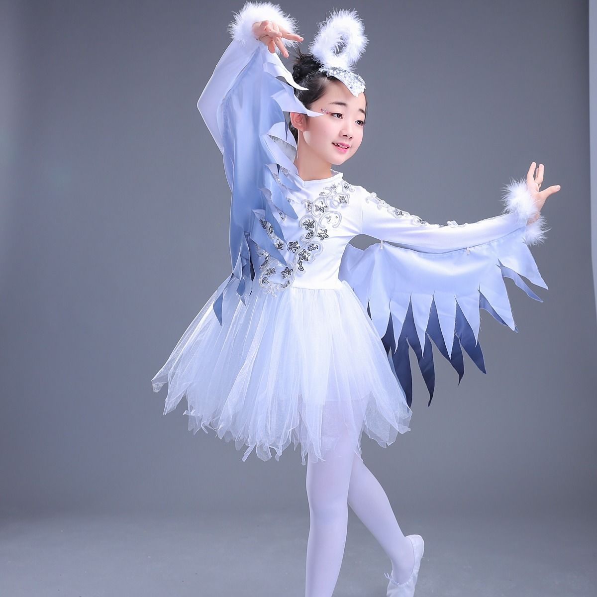 六一儿童动物服小鸟演出服小荷风采鸟鸟鸟舞蹈裙蓬蓬纱裙女表演服白色