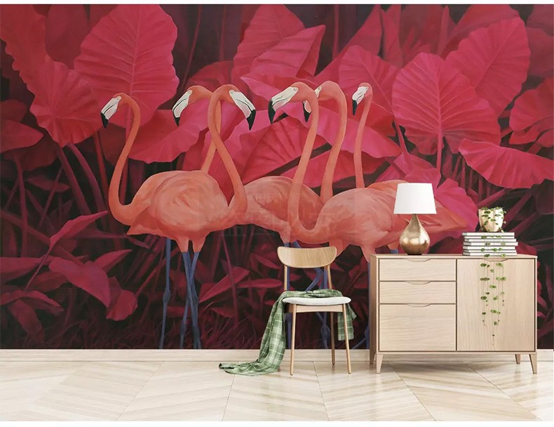 电视背景墙壁纸火烈鸟北欧ins风格墙纸5d高清壁画卧室客厅墙布