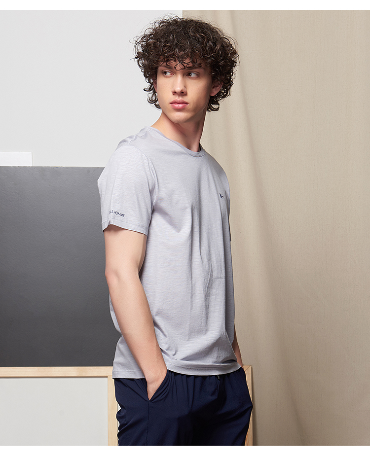ellehomme莱赛尔纤维纯色男士t恤圆领修身简约短袖上衣舒适透气