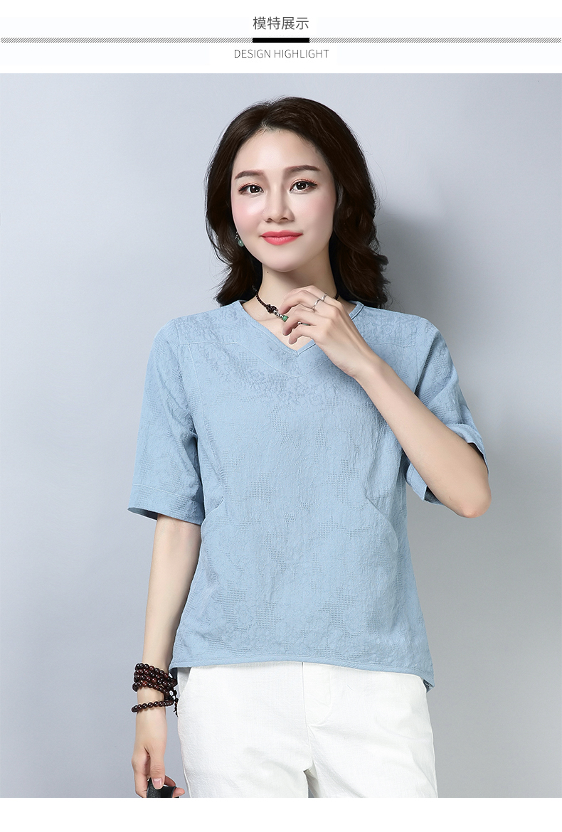 中袖纯棉恤半袖亚麻女装中年妈妈初秋宽松大码短袖棉麻上衣女夏
