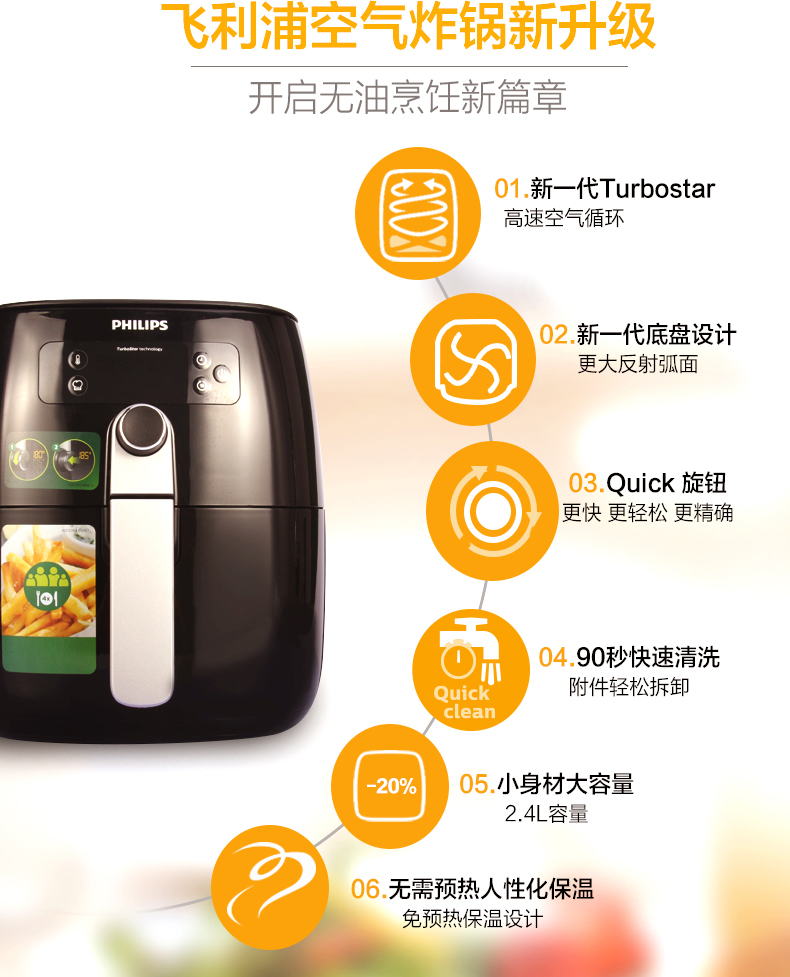 飞利浦philips空气炸锅hd964611微电脑式家用智能低脂肪真空无油电