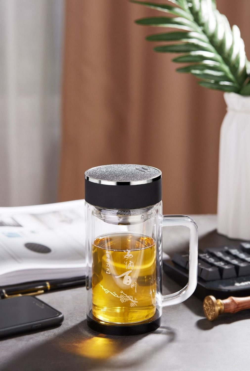 封后(fenghou) 双层带把加厚水杯男玻璃杯保温办公室泡茶杯大容量杯子