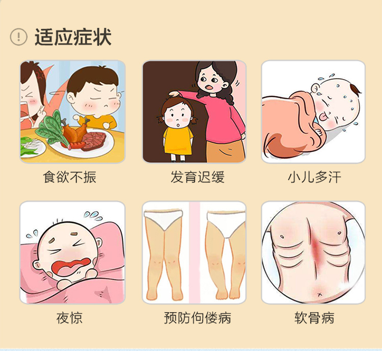 用于治疗和预防小儿佝偻病,软骨病;对小儿多汗,夜惊,食欲不振,消化