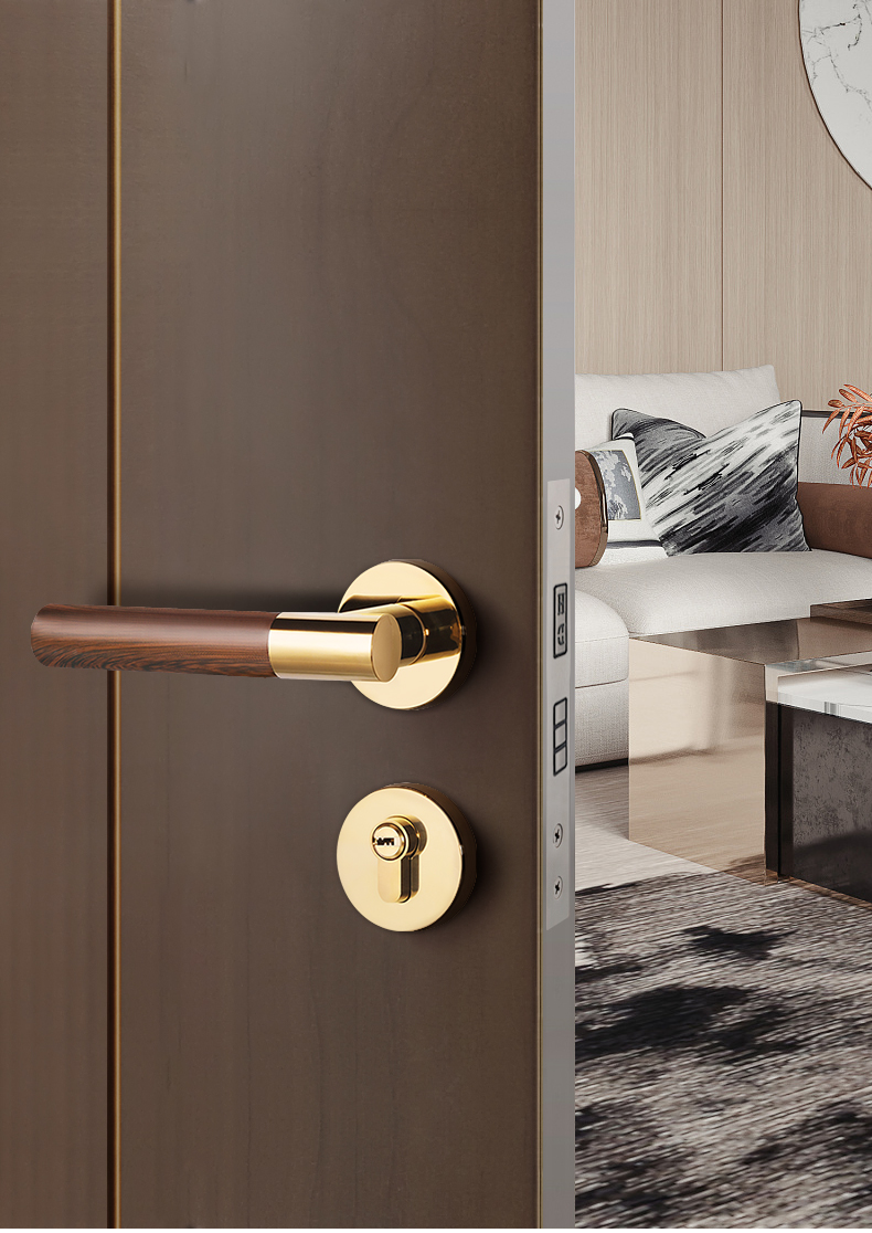 jingping新中式房门锁卧室木纹门锁室内古铜锁具门把手磁吸木门锁家用