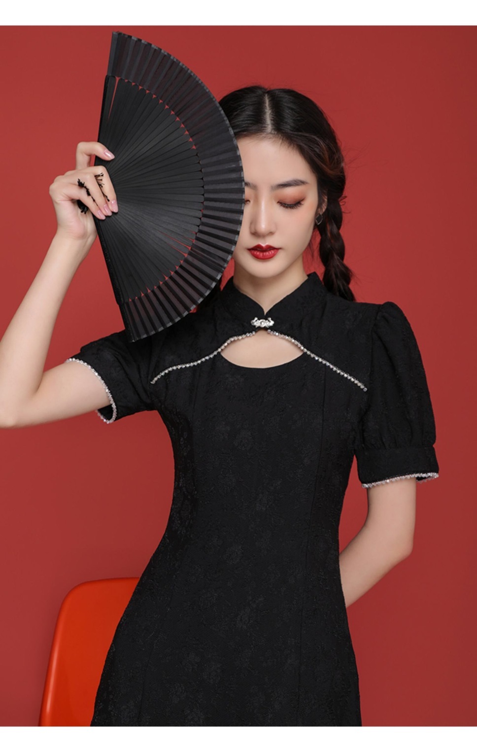 国潮旗袍年轻款本能少女复古提花暗黑改良版连衣裙开叉短裙小黑裙粉扇