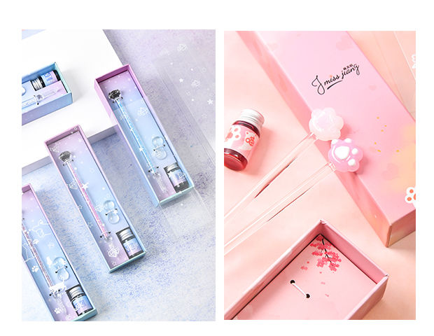 创意玻璃笔星空水晶笔手工樱花蘸水笔学生礼盒生日礼物套装樱花粉色a