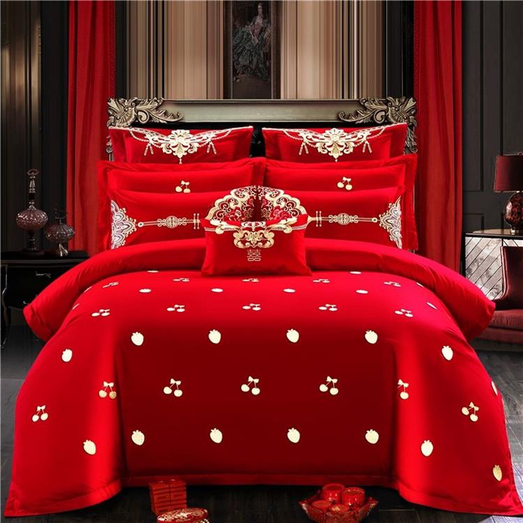 大红纯棉刺绣婚庆四件套婚房被套床单结婚全棉六件套床上用品