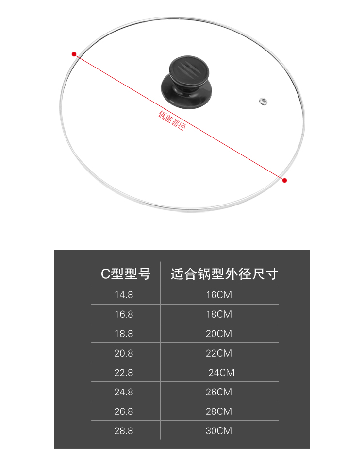 锅盖钢化玻璃锅盖炒锅炒菜蒸锅家用大小把手18cm20cm透明盖子 c型款
