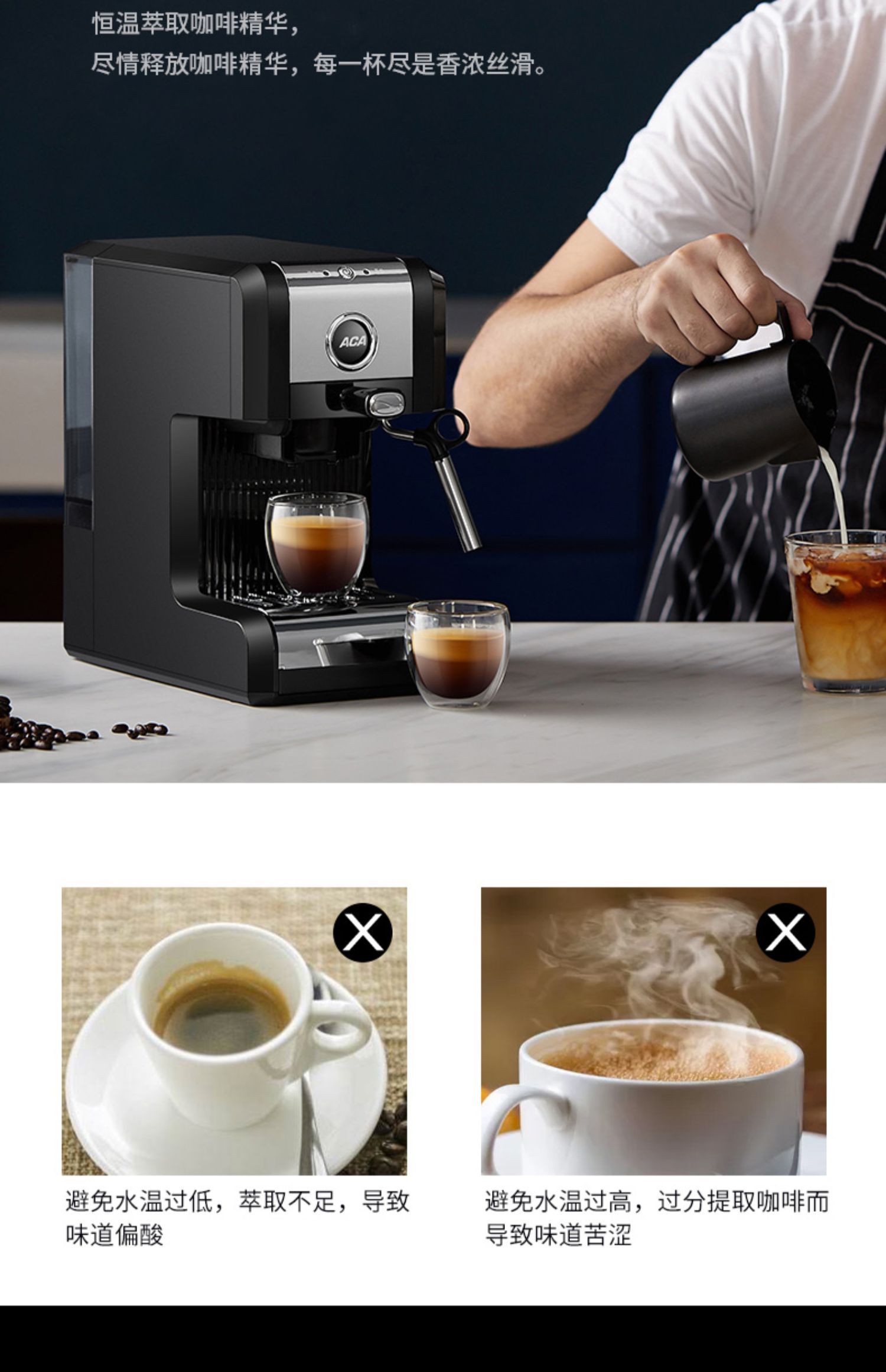 aca北美电器咖啡机意式半自动家用小型自动压粉蒸汽奶泡一体e20a 黑色