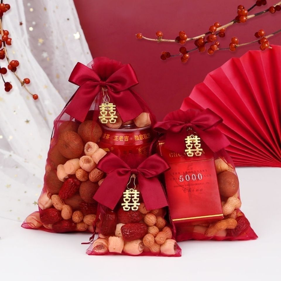 高档喜糖袋袋子纱袋抽绳礼盒装礼袋糖果网纱糖盒糖袋婚庆结婚用品 5个