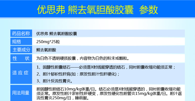 优思弗熊去氧胆酸胶囊250mg25粒盒胆囊胆固醇结石肝病胆汁性肝硬化