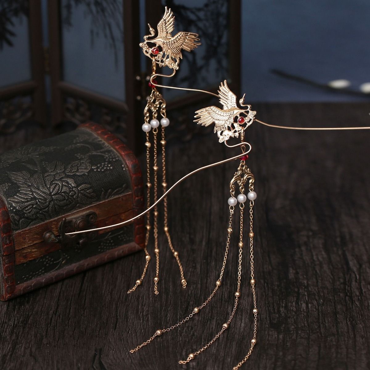 发冠套装发簪子古典气质秀禾新娘头冠魏晋汉服发饰凤冠长流苏一对发簪