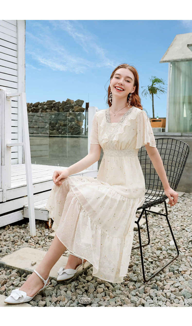 2020夏季新款女装v领荷叶短袖仙女裙高腰显瘦雪纺夏天连衣裙