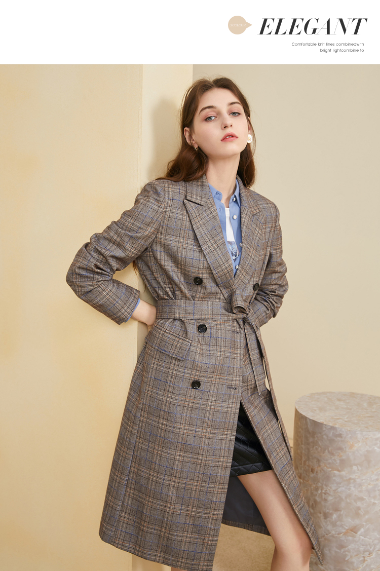 三彩2020年秋季新款西装领双排扣宽松长款胖mm风衣外套女大码