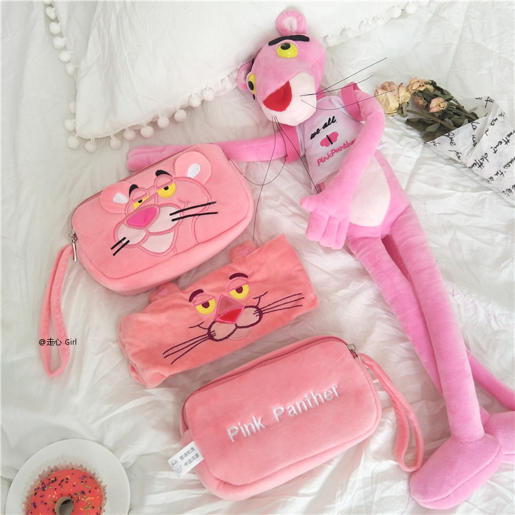 可爱少女心粉粉嫩嫩粉红豹顽皮豹双层毛绒化妆包笔袋收纳包刷包粉红豹