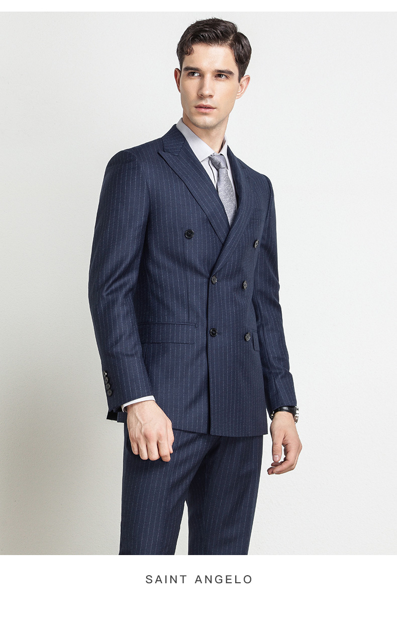 报喜鸟男士商务休闲西服套装修身纯羊毛条纹双排扣青年西装