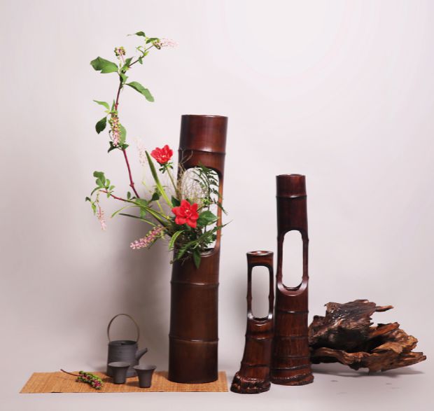 新中式摆件中式插花器皿竹制花瓶咨询定制浅棕色竹筒双格带根a29中