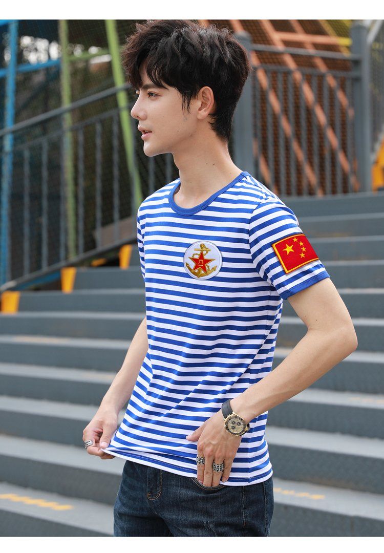 男士刺绣海魂衫蓝白条纹短袖水手服团队活动聚会半袖t恤纪念定制天蓝