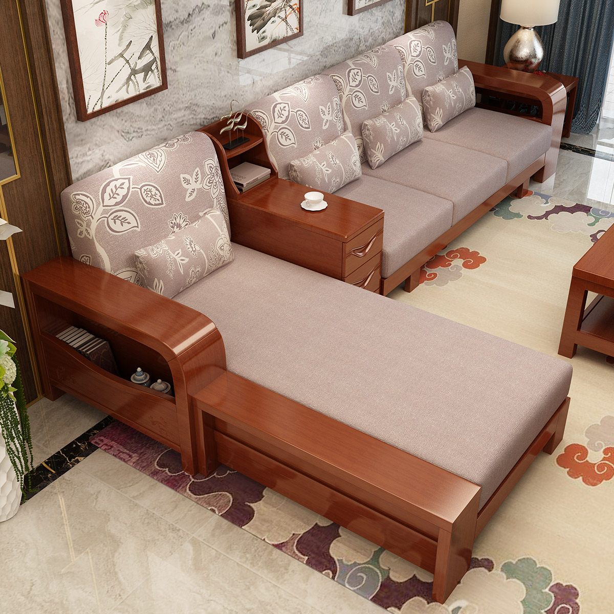 采百木(caibaimu)实木沙发组合现代中式客厅家具小户型布艺沙发经济型