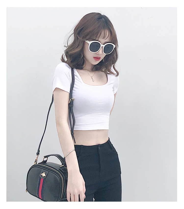 夏天女装上衣t恤性感低领大领口露肚脐短袖短款方领高腰紧身漏肚脐