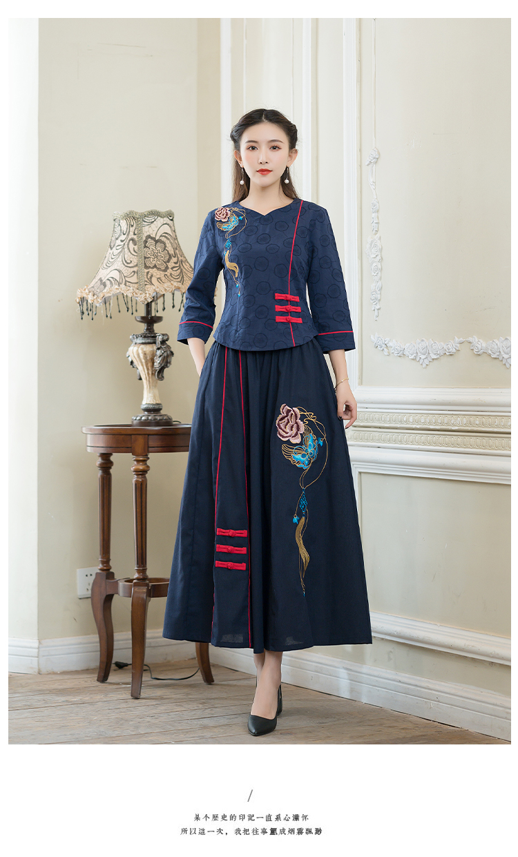 民族风套装棉麻改良旗袍式上衣复古中式唐装女茶服半身裙两件套暖青汇