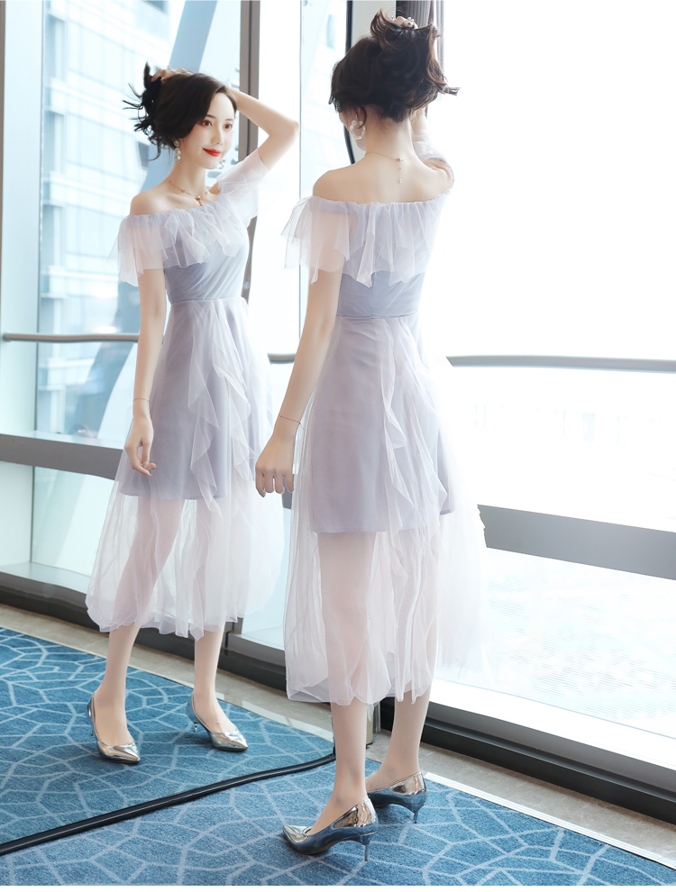 丝柏舍夏装女2019收腰超仙的网纱拼接一字领连衣裙s92b0576l