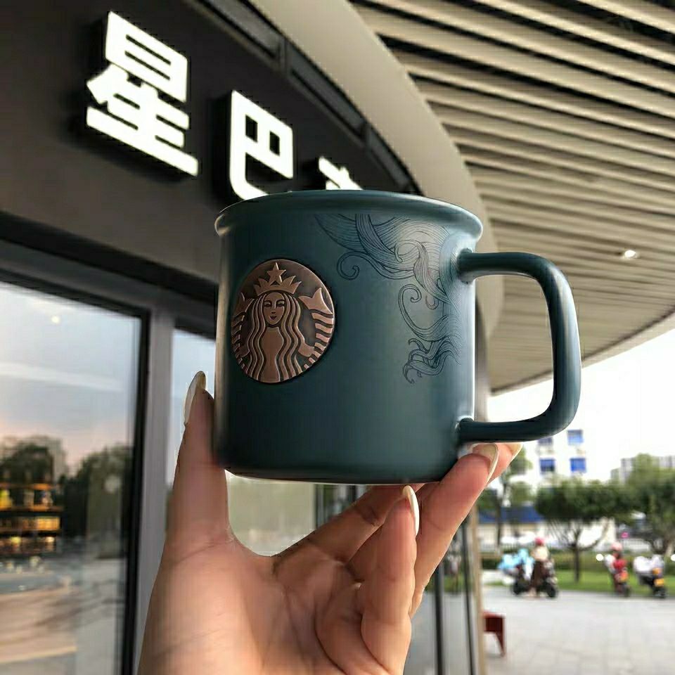 新款星巴克2020周年庆蓝色珐琅铜色印章款马克陶瓷咖啡办公水杯子蓝色
