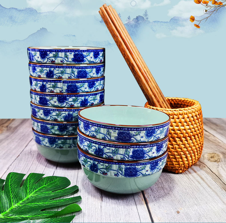 《真武复古青花陶瓷碗家用米饭碗釉下彩餐具护边汤碗面碗 国花牡丹8