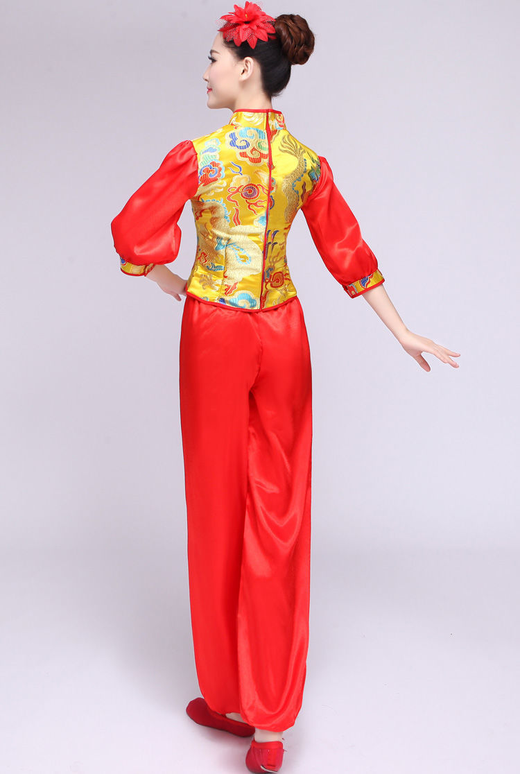 打鼓服演出服女新款2020中国风民族秧歌舞蹈服舞龙舞狮腰鼓队服装黄色