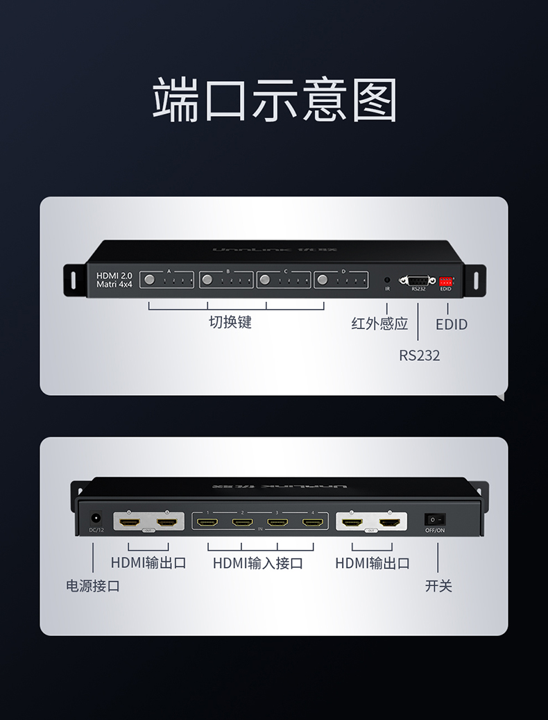 hdmi數字矩陣4進4出切換器20高清4k60hz分配視頻監控edid控制器