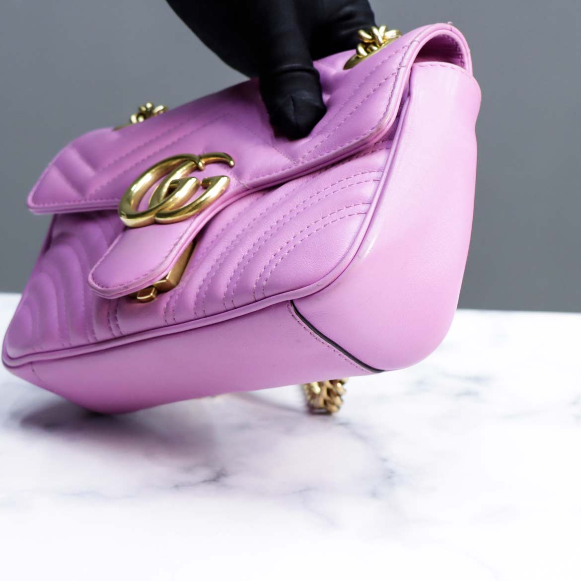 二手95新gucci古驰marmont26紫粉色小号链条包女士女款单肩包