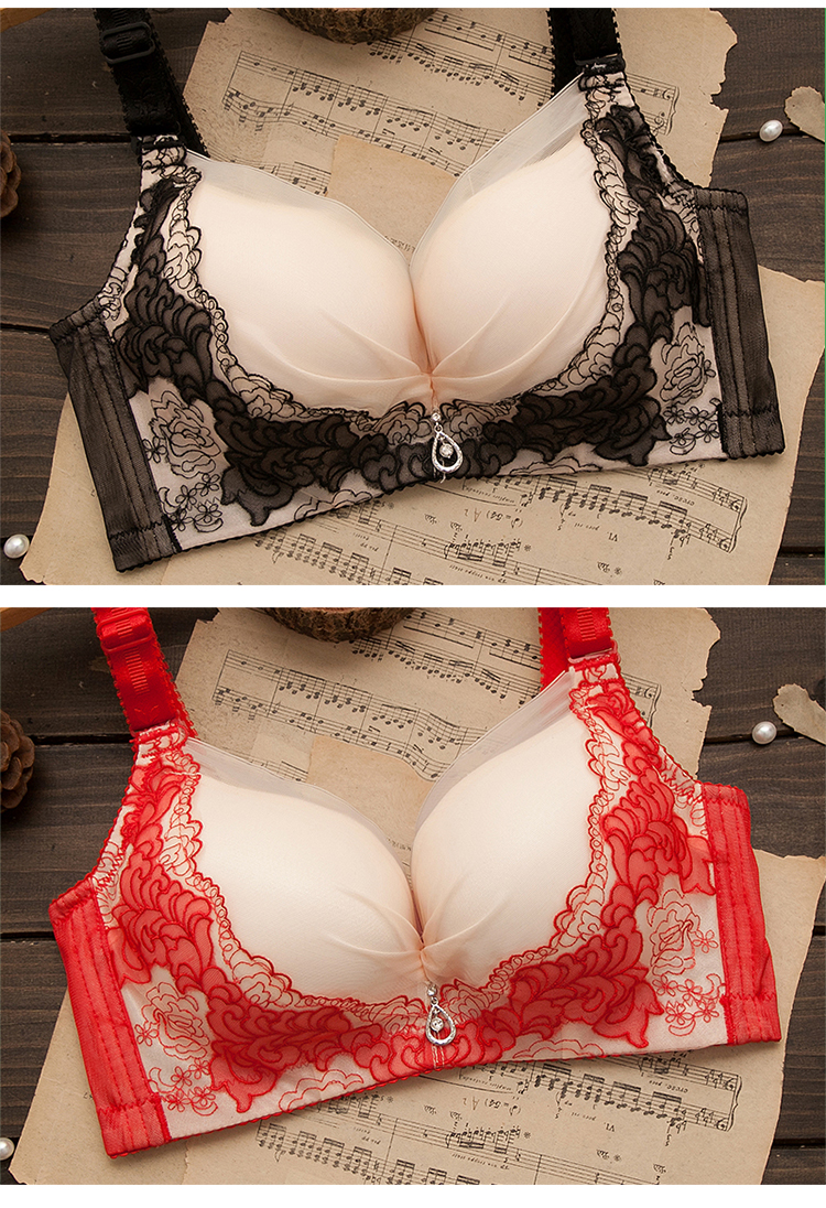 内衣女聚拢加厚四排扣调整型收副乳小胸罩女士蕾丝性感无钢圈文胸 卓