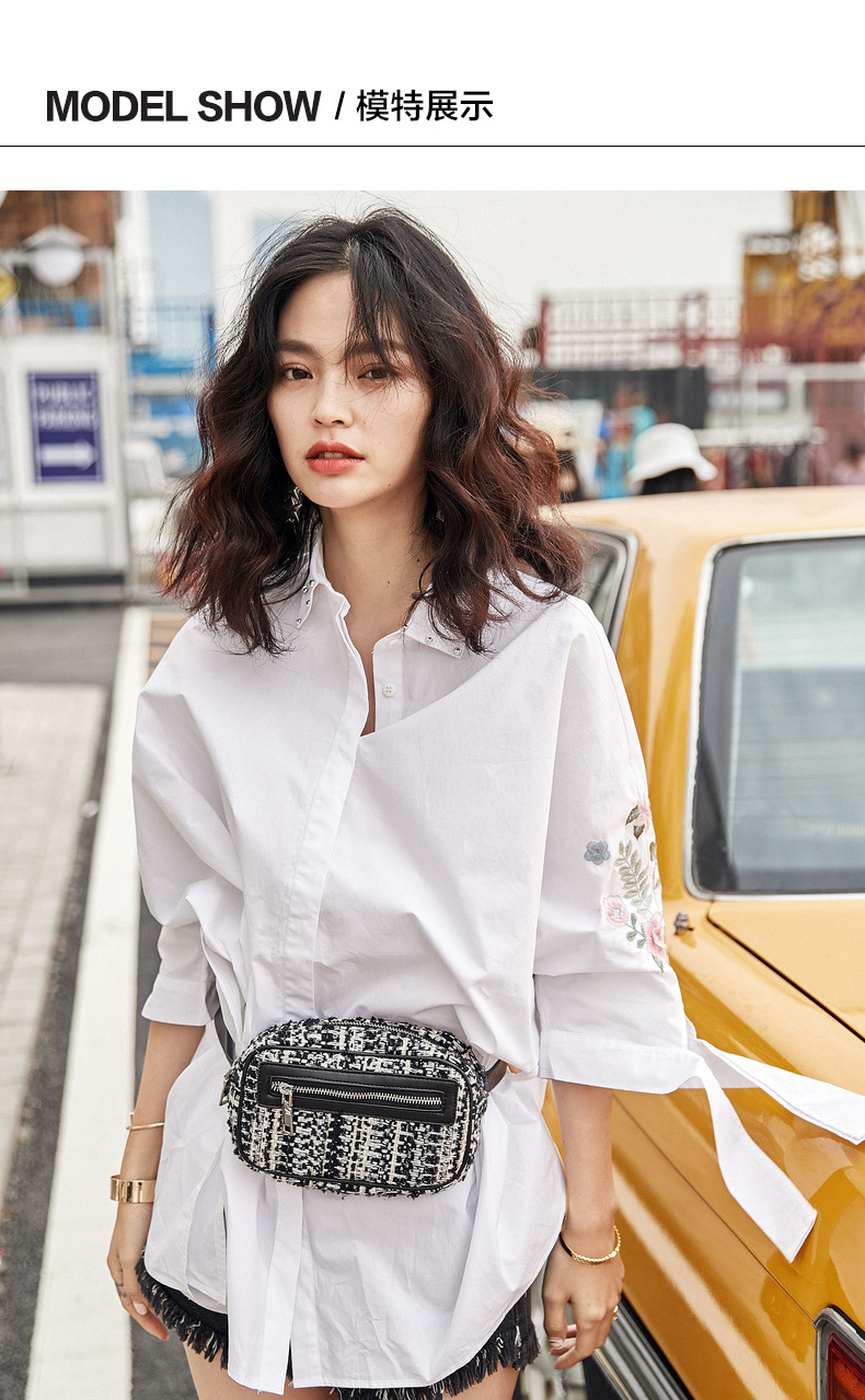 20192019春夏新款翻领精美刺绣时尚钉扣宽松少女风温柔中袖衬衫女