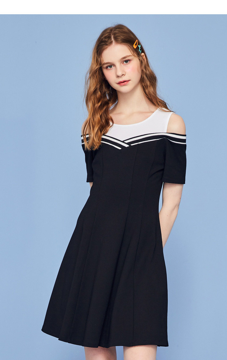 puella夏新款女装韩版露肩修身撞色圆领短袖a字裙子连衣裙